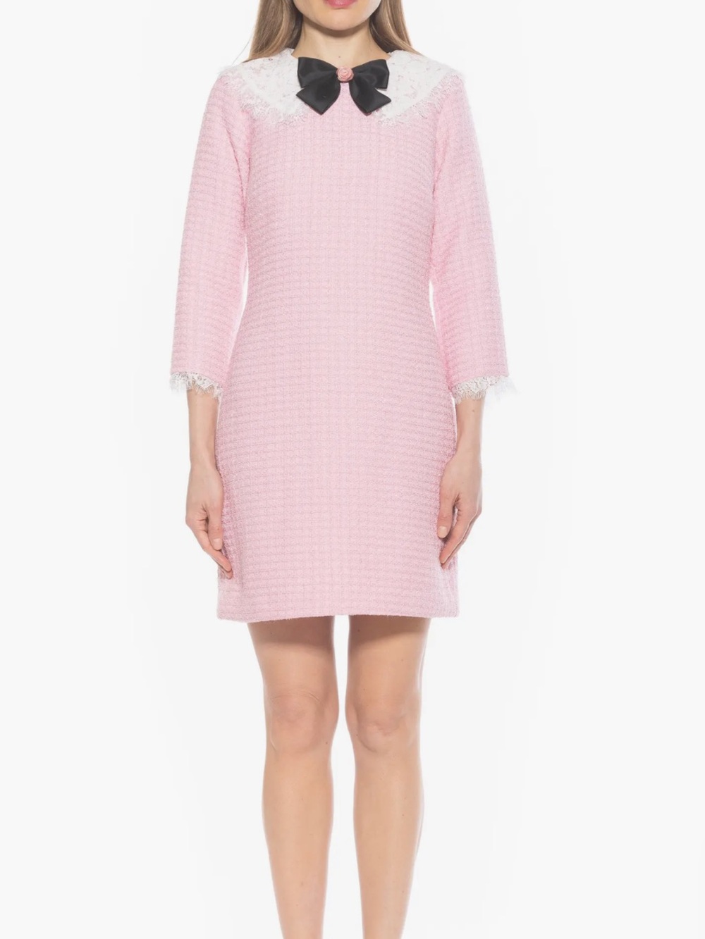 ALEXIA ADMOR Pink Tweed Dress with White Lace Collar and Black Bow